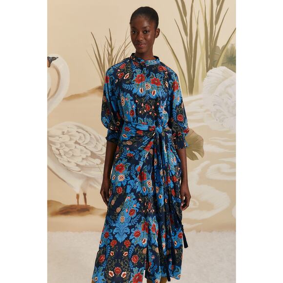 $298 NWT FARM RIO Blue & Red Arabesque Floral Midi Dress –  Medium - Picture 9 of 15